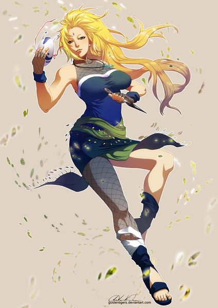 Anime picture 868x1228 with naruto studio pierrot naruto (series) tsunade goldentigers single long hair tall image blonde hair simple background brown eyes light smile sleeveless facial mark hokage girl thighhighs gloves weapon fingerless gloves