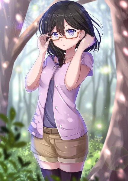 Anime picture 1200x1697 with glasslip p.a. works nagamiya sachi kazenokaze single tall image looking at viewer blush short hair open mouth blue eyes black hair girl thighhighs black thighhighs plant (plants) tree (trees) glasses shorts
