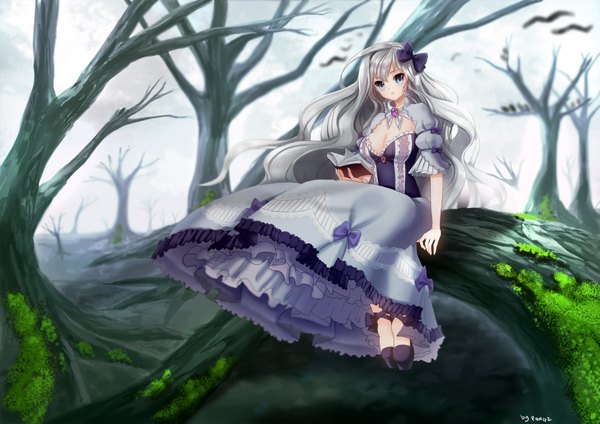 Anime picture 2000x1414 with original jeong ira single long hair looking at viewer highres open mouth sitting sky cleavage silver hair cloud (clouds) girl dress hair ornament ribbon (ribbons) plant (plants) hair ribbon tree (trees) shoes