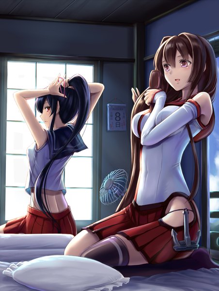 Anime picture 1485x1968 with kantai collection yamato super battleship yahagi light cruiser kirieroido iii long hair tall image open mouth black hair red eyes brown hair sitting multiple girls ponytail looking back girl skirt 2 girls detached sleeves bed fan