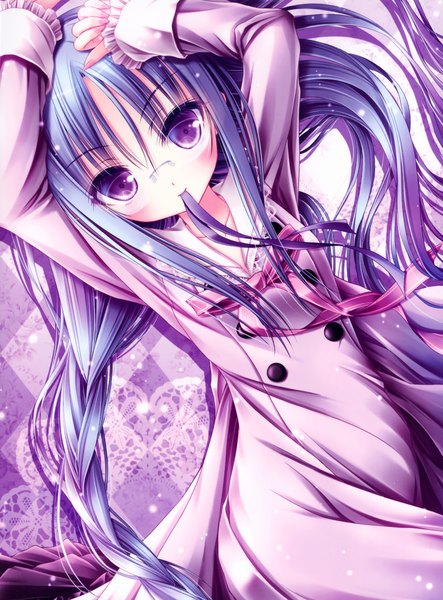 Anime picture 2067x2800 with ro-kyu-bu! project no.9 nagatsuka saki tinker bell single long hair tall image looking at viewer blush highres purple eyes holding blue hair loli mouth hold ribbon in mouth girl dress ribbon (ribbons) glasses