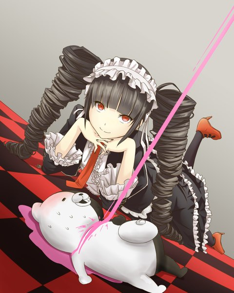 Anime picture 2669x3340 with dangan ronpa monokuma celestia ludenberg tagme (artist) long hair tall image looking at viewer fringe highres black hair smile red eyes twintails nail polish fingernails grey background drill hair checkered floor lolita fashion floor