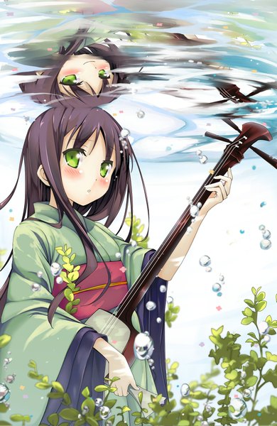 Anime picture 1413x2169 with original kawai (purplrpouni) single long hair tall image looking at viewer blush black hair green eyes traditional clothes japanese clothes underwater kantoku (style) girl kimono bubble (bubbles) musical instrument shamisen