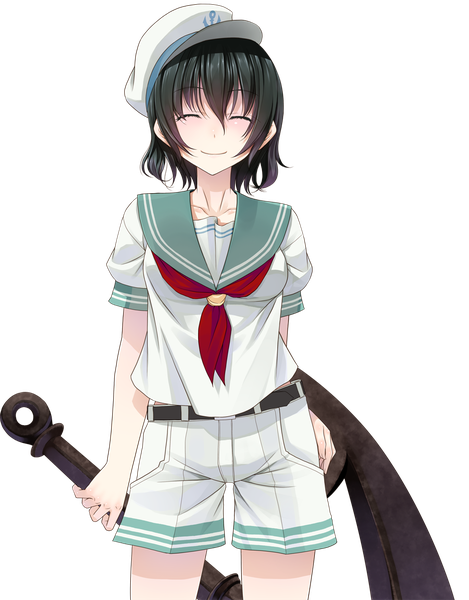 Anime picture 900x1150 with touhou murasa minamitsu crote single tall image short hair black hair smile eyes closed transparent background girl shorts sailor suit peaked cap white shorts anchor