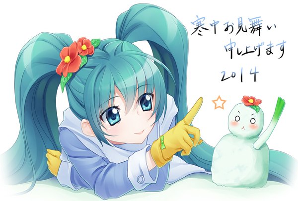 Anime picture 1184x800 with vocaloid hatsune miku jasmine tea single long hair looking at viewer blue eyes smile white background twintails hair flower aqua hair inscription 2014 girl gloves hair ornament flower (flowers) jacket scarf
