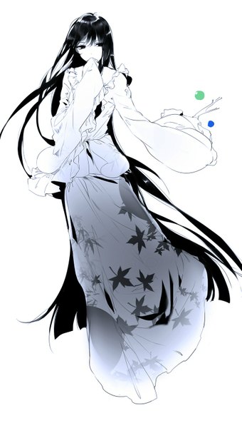 Anime picture 851x1500 with touhou houraisan kaguya hug (yourhug) single tall image fringe simple background looking away very long hair traditional clothes japanese clothes wind wide sleeves outstretched arm floral print monochrome flying covered mouth spot color girl