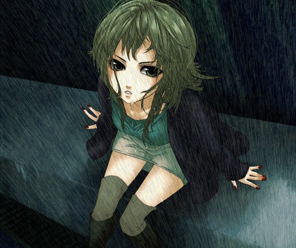 Anime picture 1300x1089 with vocaloid gumi naoto single looking at viewer fringe short hair breasts sitting green eyes nail polish fingernails green hair lips wet alternate costume rain girl thighhighs skirt