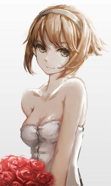 Anime picture 480x800 with kantai collection mutsu battleship labombardier! single tall image fringe short hair simple background smile brown hair white background bare shoulders green eyes looking away alternate costume girl dress flower (flowers) rose (roses) headband