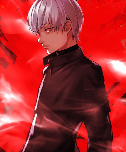 Anime picture 1698x2048 with tokyo ghoul studio pierrot kaneki ken yoshio (55level) single tall image looking at viewer fringe short hair simple background red eyes standing silver hair profile red background boy