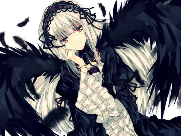 Anime picture 1100x825 with rozen maiden suigintou minaduki0038 single long hair fringe simple background smile red eyes white background looking away light smile black wings girl dress hair ornament ribbon (ribbons) wings black dress feather (feathers)