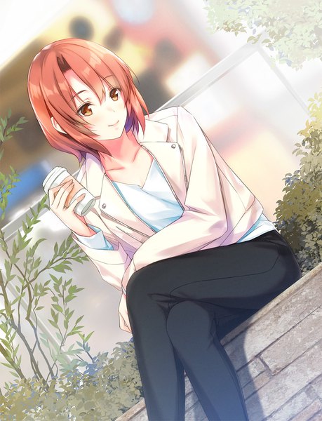 Anime picture 893x1168 with original n69 single tall image fringe short hair smile hair between eyes sitting brown eyes looking away red hair open jacket dutch angle crossed legs girl jacket disposable cup coffee