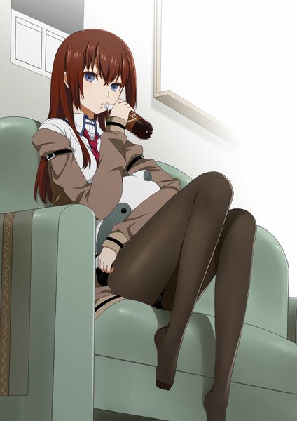 Anime picture 826x1169 with steins;gate white fox makise kurisu mattaku mousuke single long hair tall image looking at viewer blue eyes brown hair sitting no shoes legs girl pantyhose jacket shorts pillow couch bottle