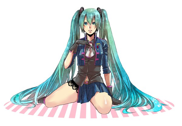 Anime picture 1187x828 with vocaloid hatsune miku single long hair simple background white background sitting twintails aqua eyes aqua hair girl skirt gloves miniskirt