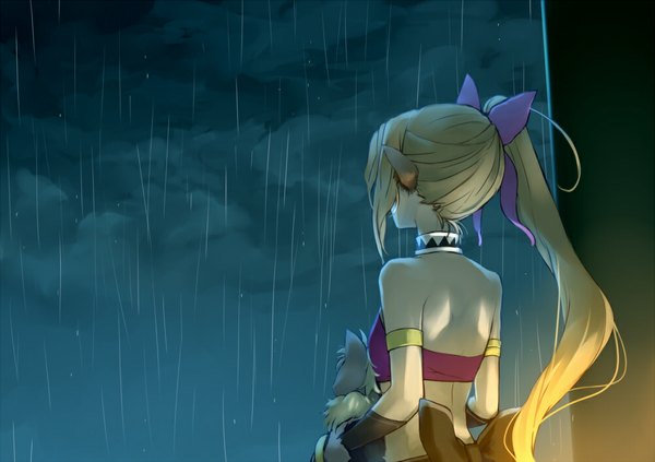 Anime picture 1000x706 with ria single long hair blonde hair animal ears ponytail pointy ears night night sky back side ponytail rain girl ribbon (ribbons) hair ribbon collar