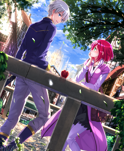 Anime picture 1187x1437 with akagami no shirayukihime studio bones shirayuki (akagami no shirayukihime) zen wistalia (akagami no shirayukihime) swordsouls tall image blush fringe short hair blue eyes smile standing green eyes looking away pink hair sky silver hair cloud (clouds) bent knee (knees) outdoors
