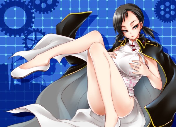 Anime picture 1233x893 with devil survivor 2 megami ibunroku devil survivor kanno fumi lilysick (artist) single short hair light erotic black hair twintails black eyes legs short twintails chinese clothes clothes on shoulders girl chinese dress gears