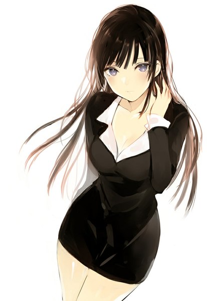 Anime picture 614x891 with original pixiv lpip single long hair tall image looking at viewer blush fringe black hair simple background standing white background cleavage long sleeves from above bare legs grey eyes adjusting hair girl