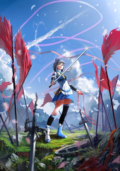 Anime picture 2470x3507 with vocaloid vocaloid china luo tianyi lu ying single long hair tall image highres smile green eyes sky cloud (clouds) grey hair girl thighhighs dress skirt ribbon (ribbons) weapon black thighhighs