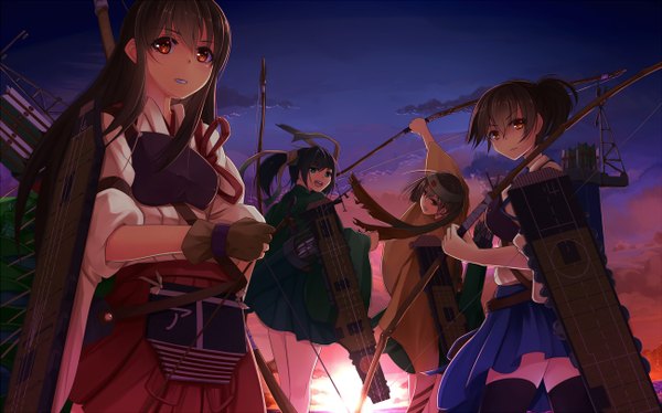 Anime picture 1300x812 with kantai collection kaga aircraft carrier akagi aircraft carrier souryuu aircraft carrier hiryuu aircraft carrier suohachi long hair looking at viewer open mouth blue eyes black hair brown hair wide image multiple girls brown eyes sky cloud (clouds) evening sunset girl