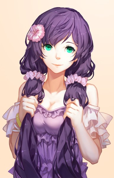 Anime picture 800x1244 with love live! school idol project sunrise (studio) love live! toujou nozomi minhoo single tall image looking at viewer blue eyes simple background twintails bare shoulders purple hair upper body very long hair hair flower light smile low twintails girl dress