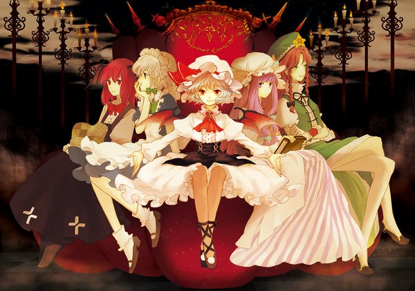 Anime picture 1000x703 with touhou remilia scarlet izayoi sakuya patchouli knowledge hong meiling koakuma sugi (artist) long hair short hair smile red eyes sitting purple eyes multiple girls green eyes purple hair red hair braid (braids) profile grey hair