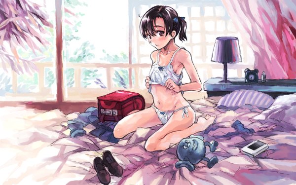 Anime picture 1206x754 with kno1 blush short hair light erotic red eyes brown hair wide image twintails barefoot underwear only kneeling flat chest underwear panties bed bag backpack side-tie panties camisole randoseru