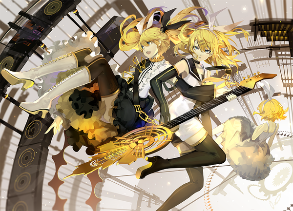 Anime picture 1000x723 with vocaloid meltdown (vocaloid) kagamine rin saberiii long hair looking at viewer fringe open mouth blue eyes blonde hair smile hair between eyes twintails bare shoulders multiple girls payot looking away bent knee (knees) parted lips blurry