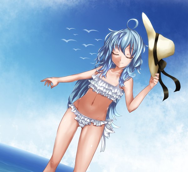 Anime picture 1200x1100 with fi-san single long hair light erotic blue hair sky eyes closed light smile legs girl navel swimsuit hat sea