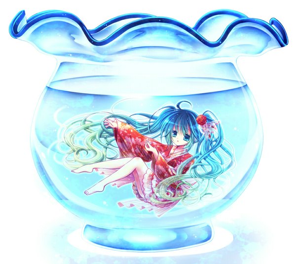 Anime picture 1000x893 with vocaloid hatsune miku momomiya mion single twintails very long hair traditional clothes japanese clothes barefoot aqua eyes aqua hair legs underwater girl kimono