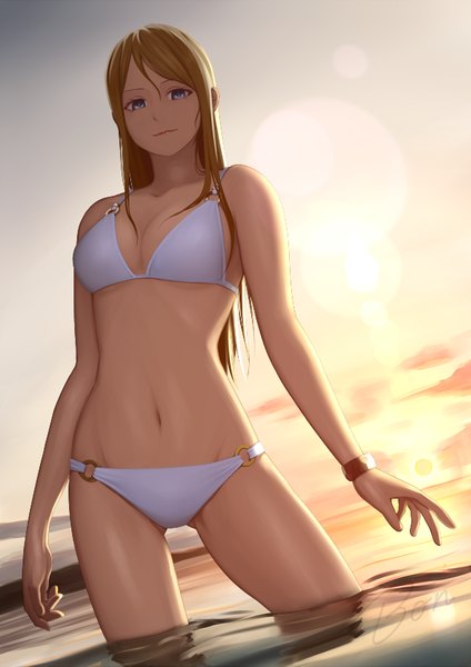 Anime picture 600x848 with love live! school idol project sunrise (studio) love live! ayase eli bon-da single long hair tall image looking at viewer breasts blue eyes light erotic blonde hair standing bare shoulders signed sky cloud (clouds) light smile sunlight