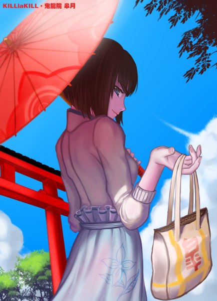 Anime picture 1230x1700 with kill la kill studio trigger kiryuuin satsuki wei ji single tall image looking at viewer short hair blue eyes smile brown hair holding sky cloud (clouds) profile back girl flower (flowers) plant (plants) tree (trees)