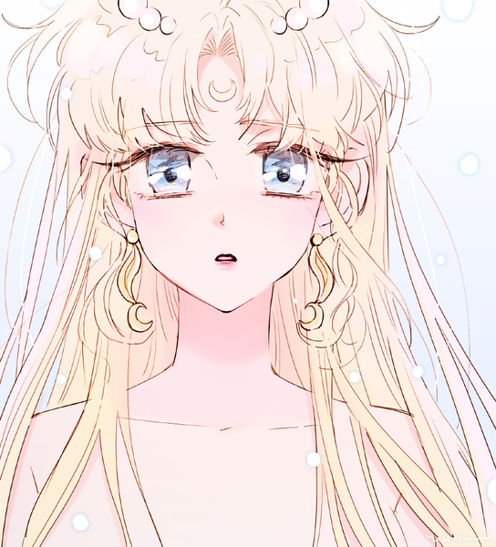 Anime picture 820x904 with bishoujo senshi sailor moon toei animation tsukino usagi princess serenity rohriya single long hair tall image looking at viewer fringe blue eyes light erotic simple background blonde hair bare shoulders upper body parted lips forehead mark girl hair ornament