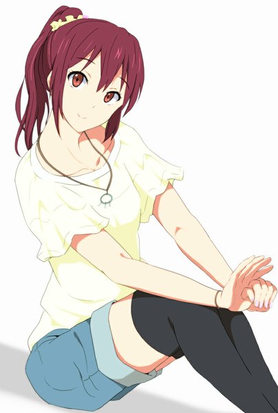 Anime picture 673x1000 with free! kyoto animation matsuoka gou kaiman single long hair tall image looking at viewer red eyes white background purple hair ponytail girl thighhighs black thighhighs shorts