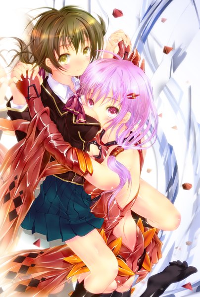 Anime picture 1200x1781 with guilty crown production i.g yuzuriha inori menjou hare hasshin akiichi (yagami shuuichi) long hair tall image looking at viewer blush smile brown hair bare shoulders multiple girls yellow eyes pink hair lying pink eyes barefoot girl thighhighs