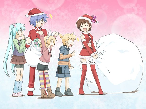 Anime picture 1024x768 with vocaloid hatsune miku kagamine rin kagamine len kaito (vocaloid) meiko twintails christmas girl thighhighs skirt hat bag gift santa claus hat santa claus costume christmas present sack ichika asatsuki