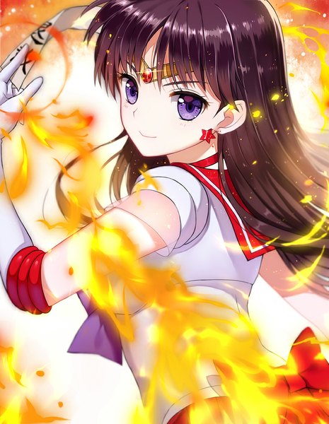 Anime picture 800x1032 with bishoujo senshi sailor moon toei animation hino rei sailor mars s a~ single long hair tall image looking at viewer black hair purple eyes girl skirt gloves bow earrings miniskirt elbow gloves white gloves star (symbol)