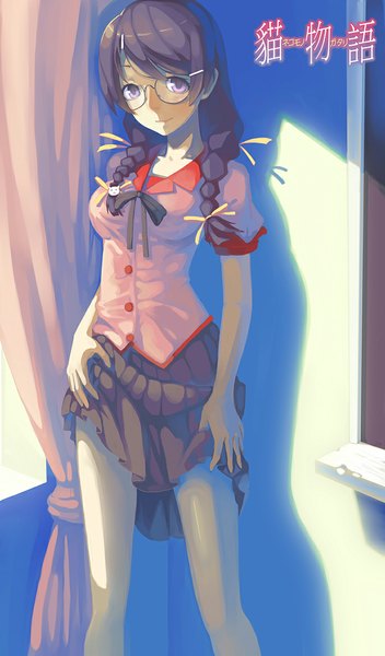 Anime picture 687x1169 with bakemonogatari nekomonogatari shaft (studio) monogatari (series) hanekawa tsubasa madyy single long hair tall image looking at viewer black hair purple eyes braid (braids) twin braids skirt lift girl skirt uniform school uniform glasses