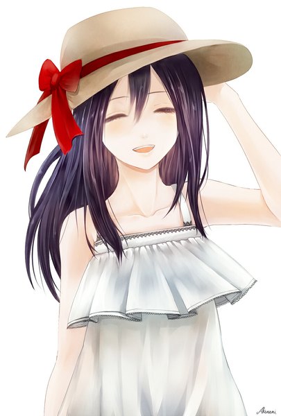 Anime picture 800x1184 with shingeki no kyojin production i.g mikasa ackerman single long hair tall image breasts open mouth smile standing white background blue hair eyes closed flat chest arms behind head girl dress bow ribbon (ribbons) hat