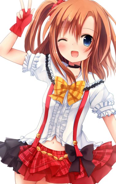 Anime picture 883x1400 with love live! school idol project sunrise (studio) love live! kousaka honoka asanagi kurumi (panda-doufu) single long hair tall image blush fringe open mouth blue eyes simple background hair between eyes white background one eye closed wink orange hair bare belly dutch angle