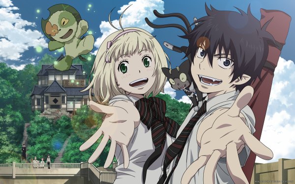 Anime picture 2560x1600 with ao no exorcist a-1 pictures okumura rin okumura yukio moriyama shiemi nii (ao no exorcist) looking at viewer highres open mouth blue eyes black hair blonde hair smile wide image green eyes cloud (clouds) pointy ears scan girl boy