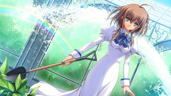 Anime picture 1024x576 with otome wa boku ni koishiteru looking at viewer fringe short hair breasts blue eyes hair between eyes brown hair wide image standing holding payot game cg ahoge outdoors long sleeves girl dress bow plant (plants)