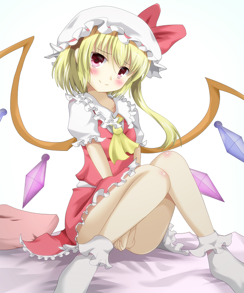 Anime picture 1039x1247 with touhou flandre scarlet aibumi pen-zin single tall image blush short hair light erotic blonde hair smile red eyes one side up transparent background girl dress hat wings socks white socks