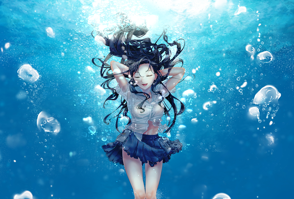 Anime picture 2000x1355 with original reito6 single long hair highres open mouth black hair smile eyes closed pleated skirt arms up bare legs floating hair happy arms behind head wet clothes underwater wet shirt girl skirt