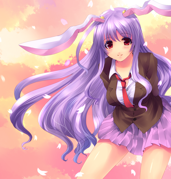 Anime picture 1324x1384 with touhou reisen udongein inaba kobanzame single long hair tall image looking at viewer blush smile red eyes purple hair bunny ears bunny girl girl skirt miniskirt shirt petals necktie