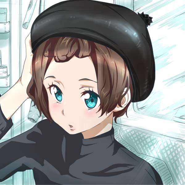 Anime picture 4967x4967 with original dsw single blush highres short hair brown hair looking away absurdres upper body indoors long sleeves parted lips aqua eyes from above :o hand on head surprised girl headdress