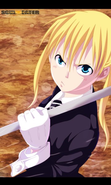 Anime picture 742x1240 with soul eater studio bones maka albarn khalilxpirates single long hair tall image blush blue eyes blonde hair inscription coloring girl gloves weapon necktie white gloves suit sleeve cuffs