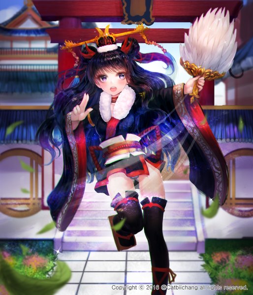 Anime picture 3000x3500 with original zonekiller10 single long hair tall image looking at viewer blush highres open mouth light erotic black hair purple eyes traditional clothes japanese clothes girl thighhighs hair ornament black thighhighs kimono fan