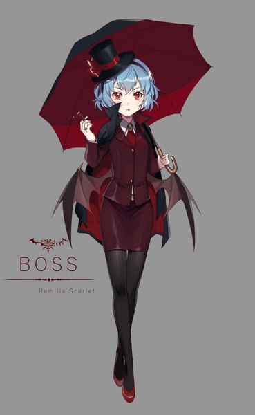 Anime picture 1151x1870 with touhou remilia scarlet ekita xuan single tall image looking at viewer fringe short hair simple background red eyes standing blue hair grey background character names bat wings low wings girl pantyhose wings black pantyhose