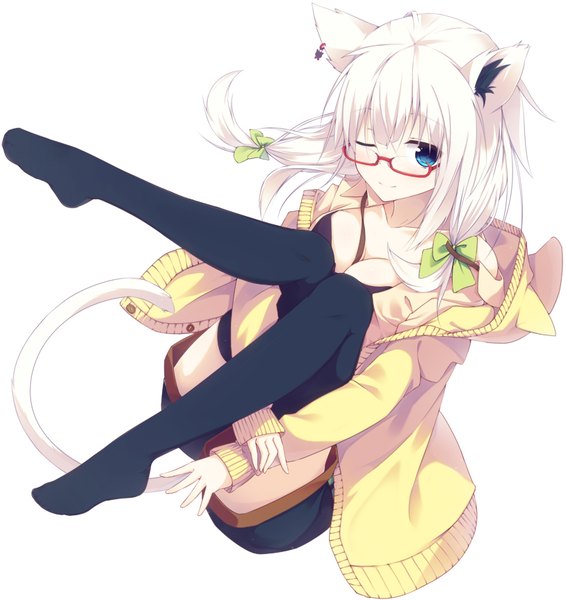 Anime picture 814x864 with original nagishiro mito single long hair tall image looking at viewer blue eyes smile animal ears white hair tail animal tail one eye closed wink cat ears cat girl cat tail legs girl thighhighs