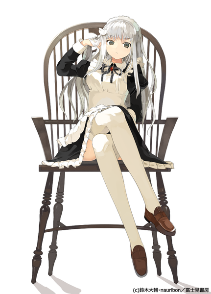 Anime picture 583x810 with hatoko-san to rabukome heiwajima hatoko nauribon single long hair tall image looking at viewer fringe simple background white background sitting green eyes silver hair bent knee (knees) maid crossed legs adjusting hair girl thighhighs uniform